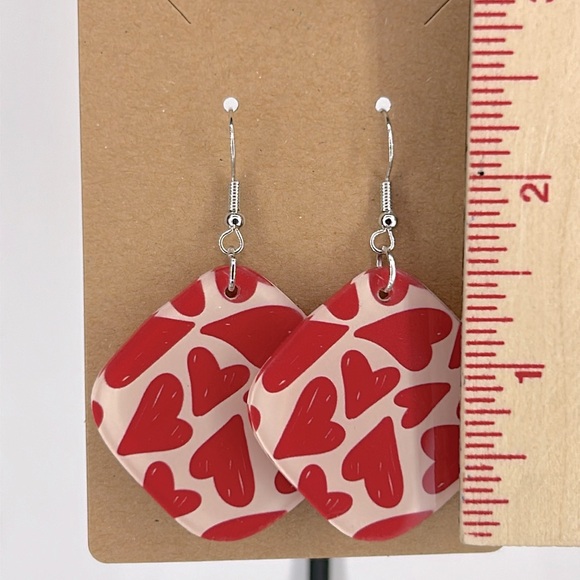Square Acrylic Heart Design Print Dangle Earrings - Picture 2 of 2